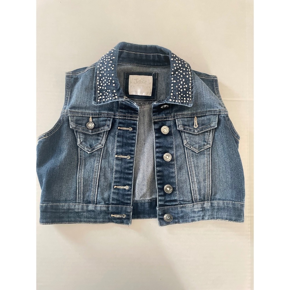 Justice Girls Blue Denim Vest Rhinestone Collar Cropped Jean Jacket Casual Sz 10 - Picture 2 of 8